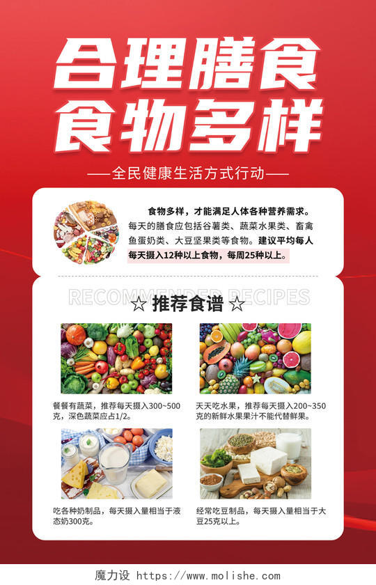 红色大气合理膳食食物多样化饮食健康指南文案宣传海报均衡营养与健康饮食